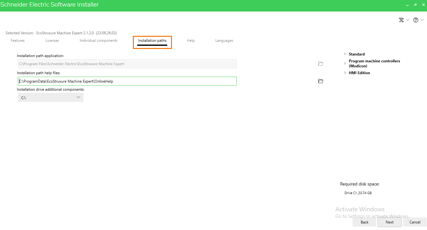 Figure 3.7: Installation path tab.