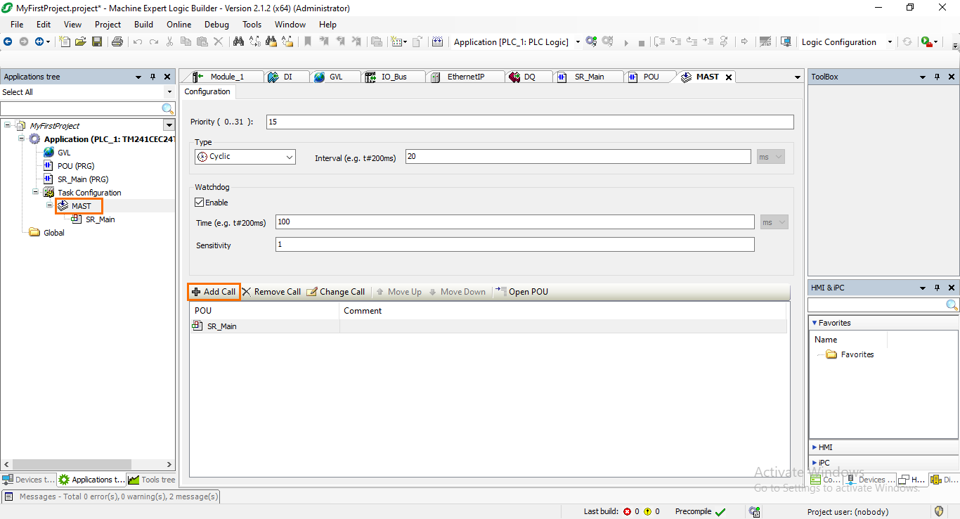 Figure 3.19: Adding a new POU call in the MAST task.