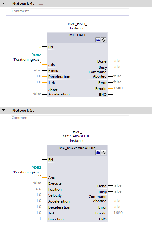 Figure 6.5: Technology objects for Siemens motion control systems - Configuring MC_Halt & MC_MoveAbsolute