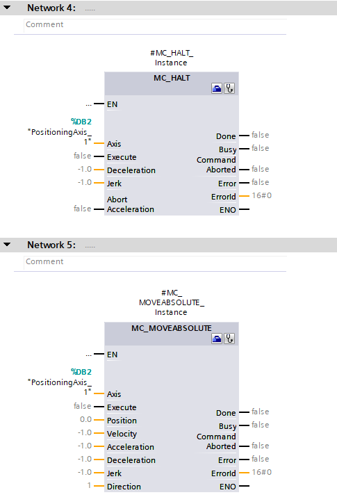 Figure 6.5: Technology objects for Siemens motion control systems - Configuring MC_Halt & MC_MoveAbsolute 