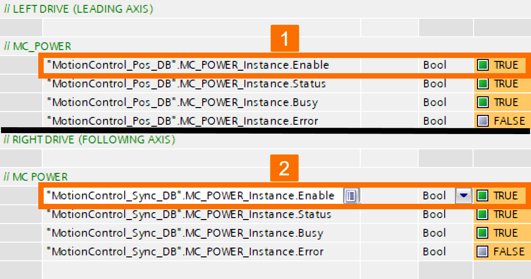 Figure 10.1: Technology objects for Siemens motion control systems - Powering up both drives within MC_Power