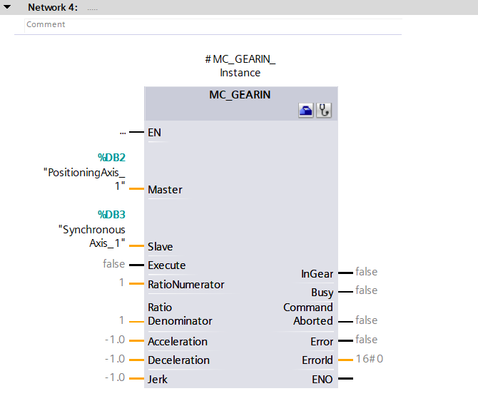 Figure 6.12: Technology objects for Siemens motion control systems - Configuring MC_GearIn instruction