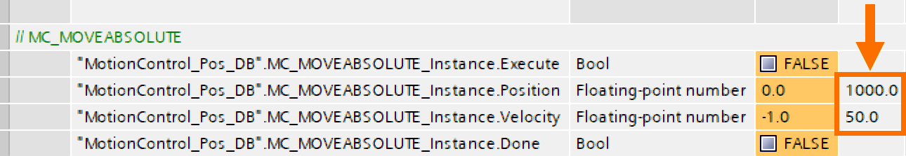 Figure 8.3: Technology objects for Siemens motion control systems - Inputting values for distance and velocity