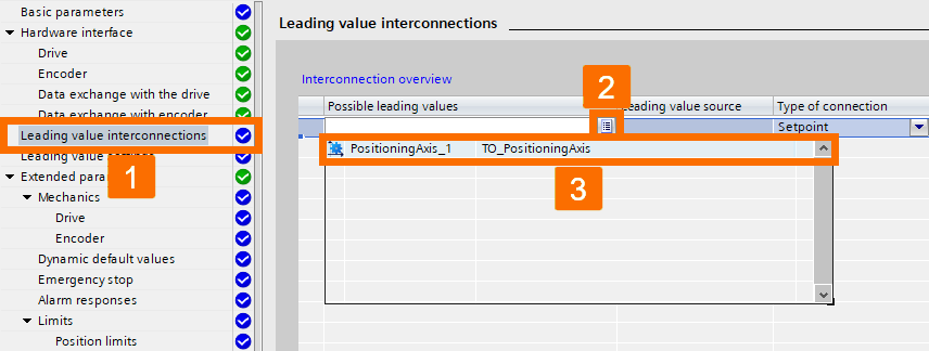 Figure 5.7: Technology objects for Siemens motion control systems - Designating the desired positioning axis