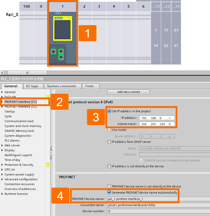 Figure 2.7: Technology objects for Siemens motion control systems - Setting PLC IP address