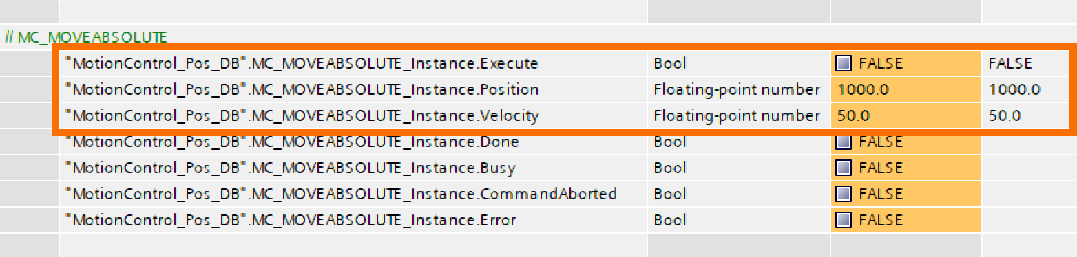 Figure 9.4: Technology objects for Siemens motion control systems - Adjusting distance and velocity values