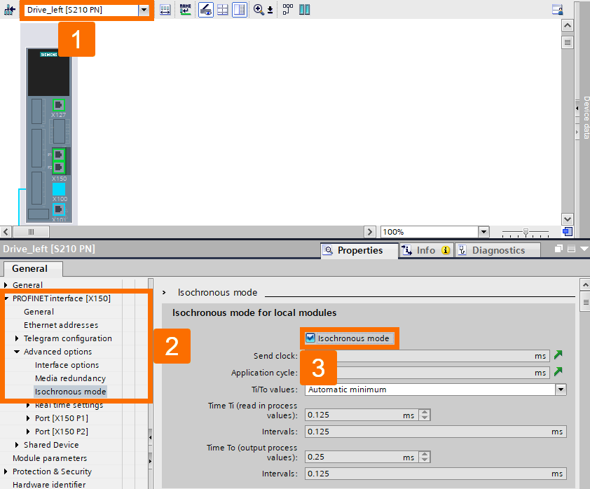 Figure 4.7: Technology objects for Siemens motion control systems - Activating isochronous mode for Drive_left