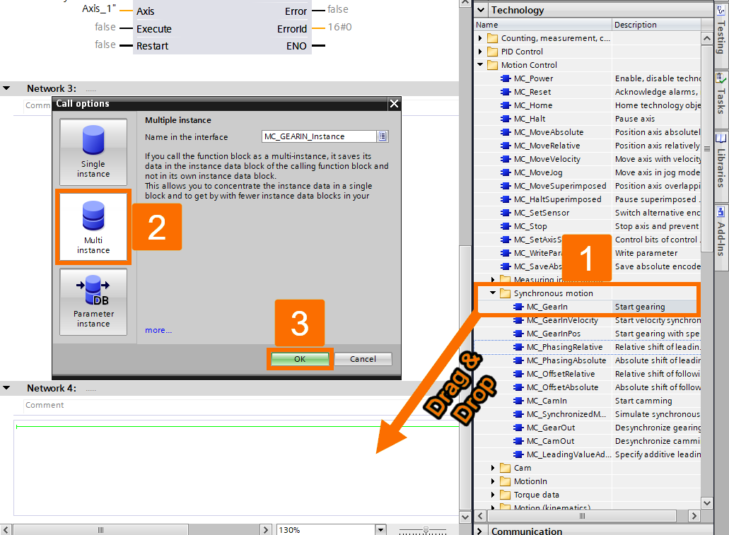 Figure 6.11: Technology objects for Siemens motion control systems - Adding MC_GearIn instruction