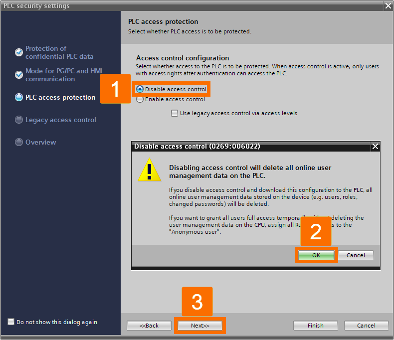 Figure 2.4: Technology objects for Siemens motion control systems - Disabling access control