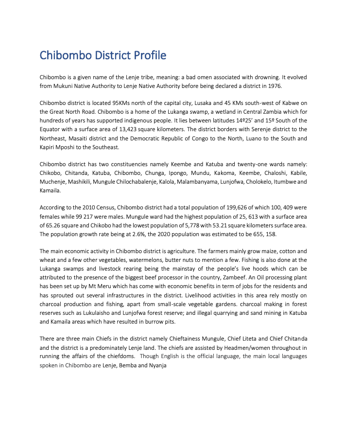 Chibombo District Profile