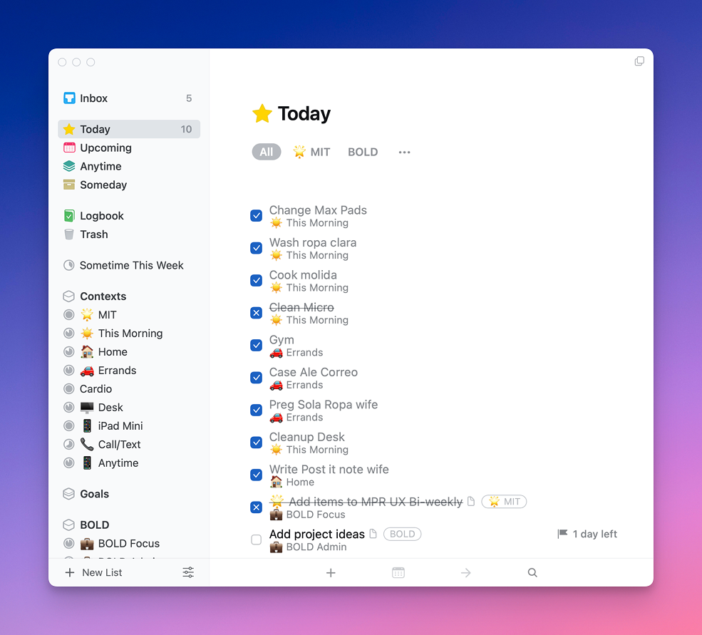Things 3 has a lot of limitations, notice how I had to create a contexts area because their tags feature sucks.