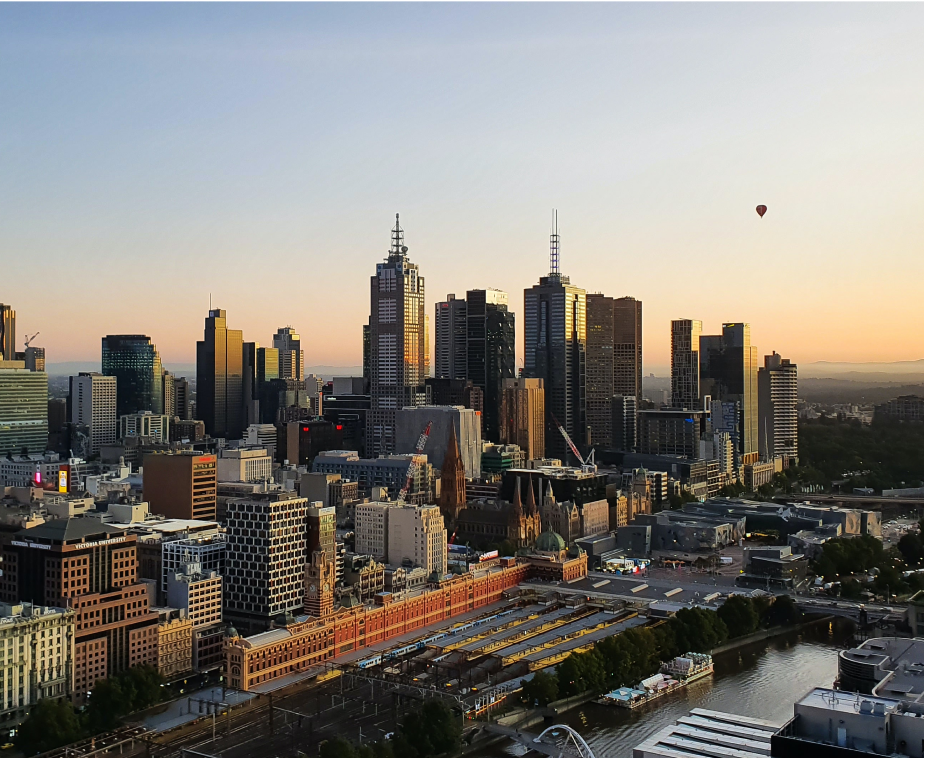 City skyline at sunset