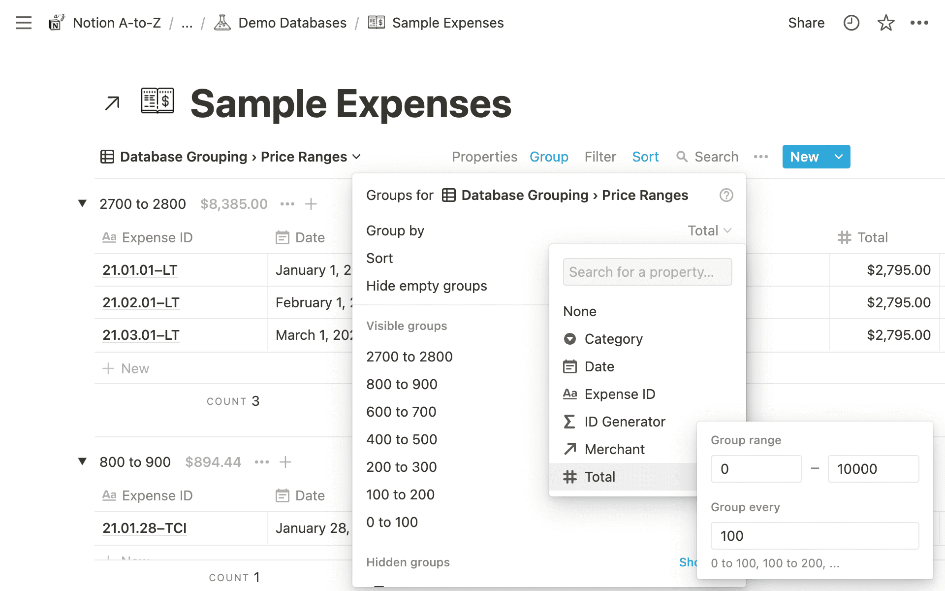 Notion Database Grouping: Number Grouping