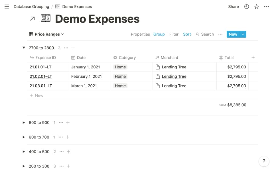 Notion Database Grouping: Expenses by Price