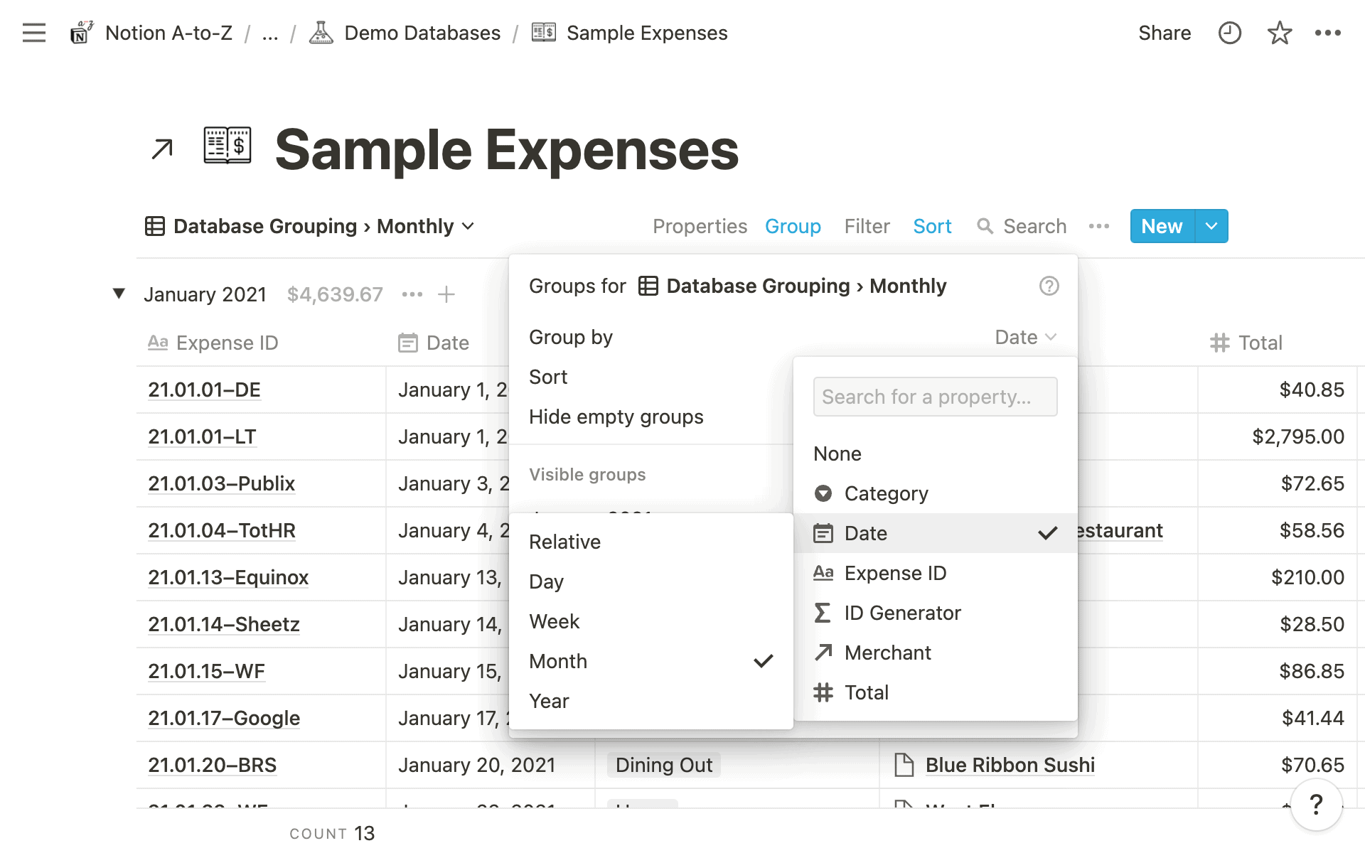 Notion Database Grouping: Date Grouping