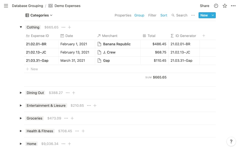 Notion Database Grouping: Expenses by Category