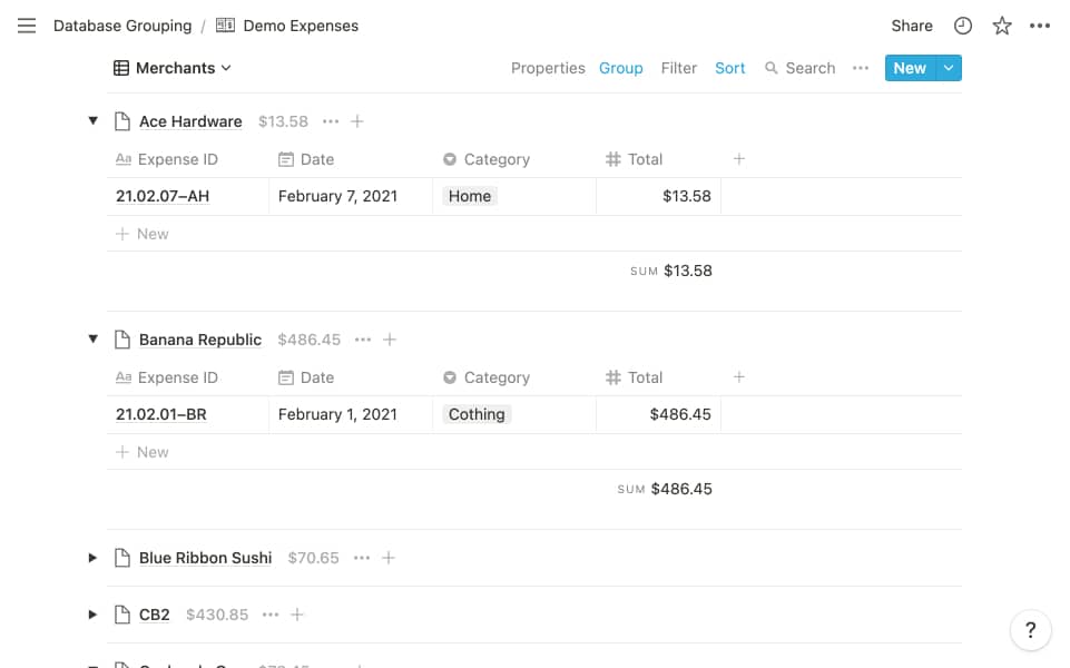 Notion Database Grouping: Expenses by Merchant