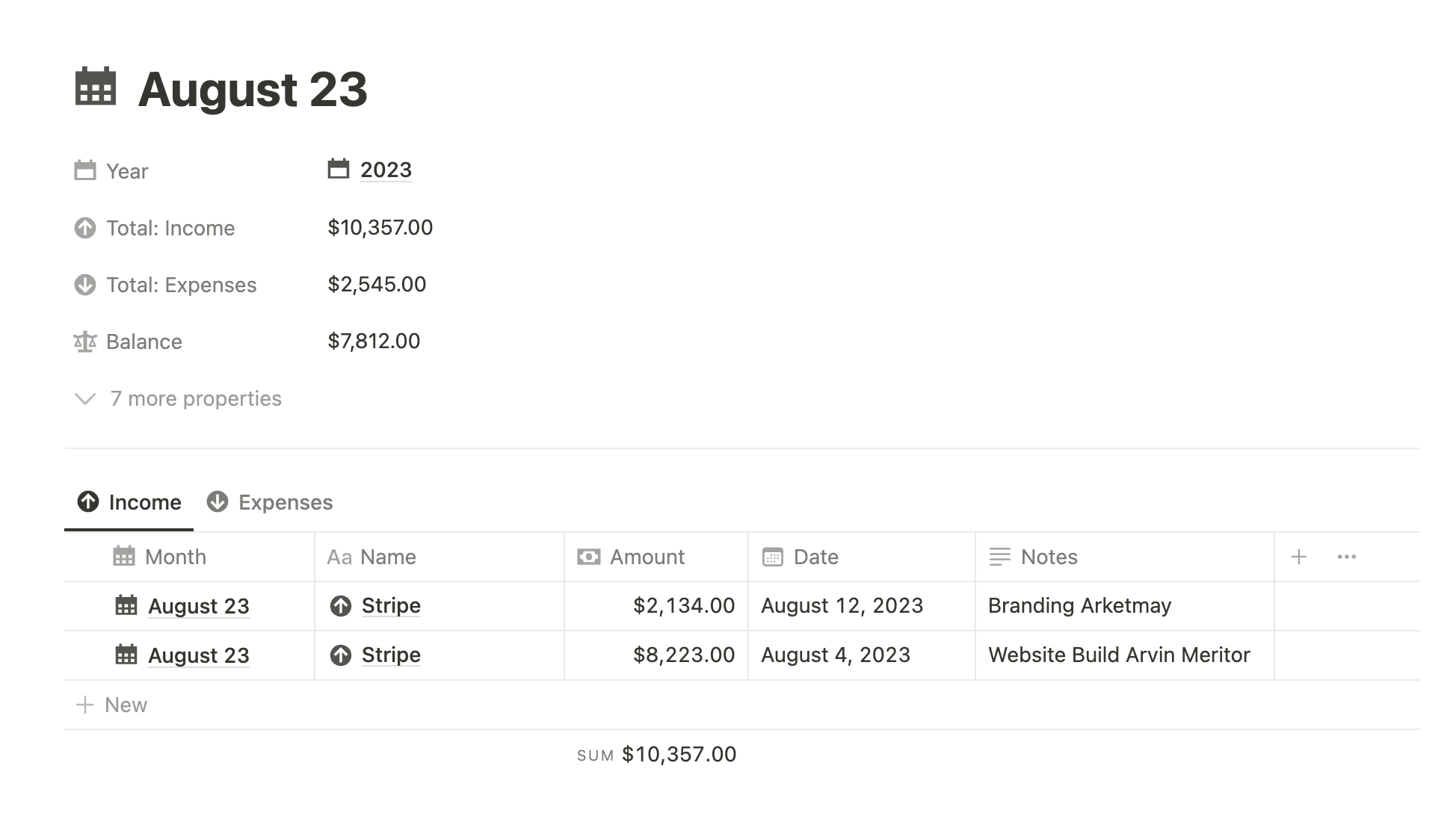 Notion finances Template des Mois