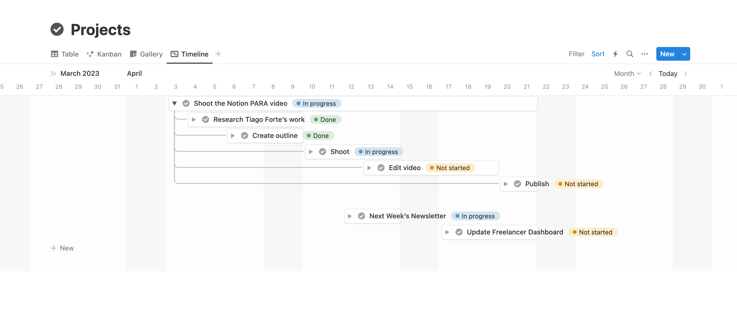 Notion PARA Projects Timeline view