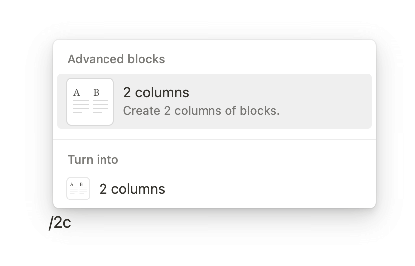 Raccourci clavier Notion pour colonnes