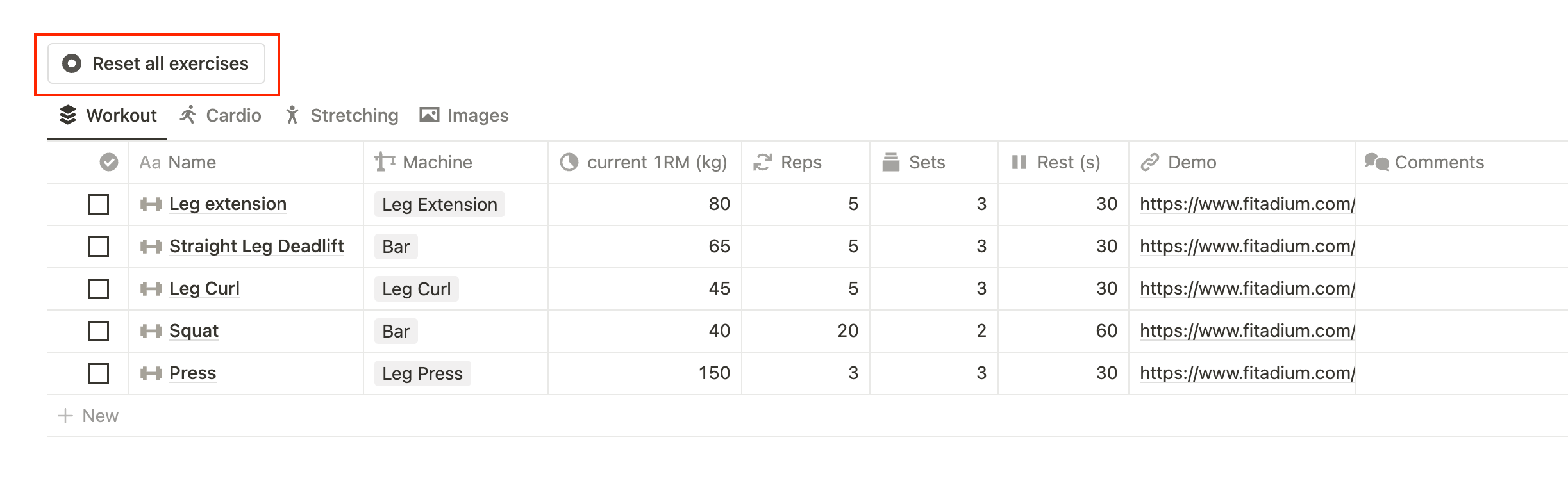 Notion button to reset workout database