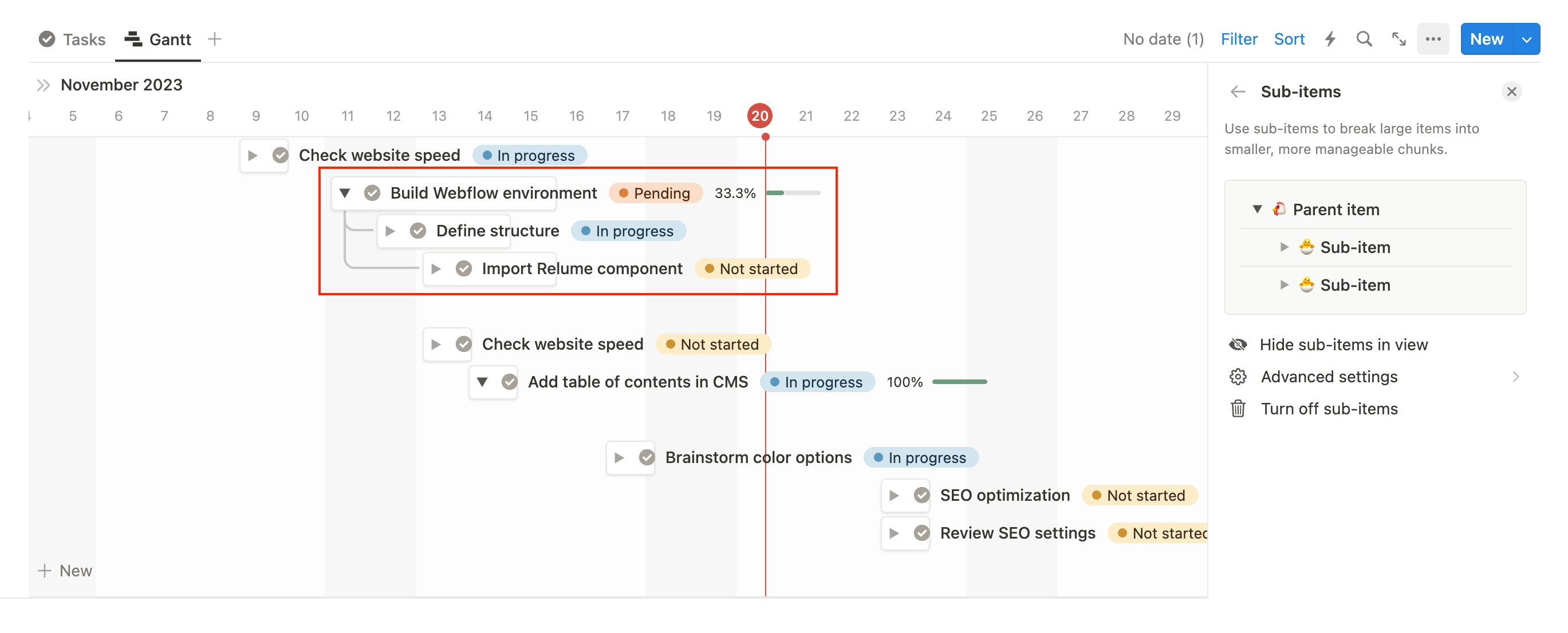 Sous-éléments Notion dans vue Gantt