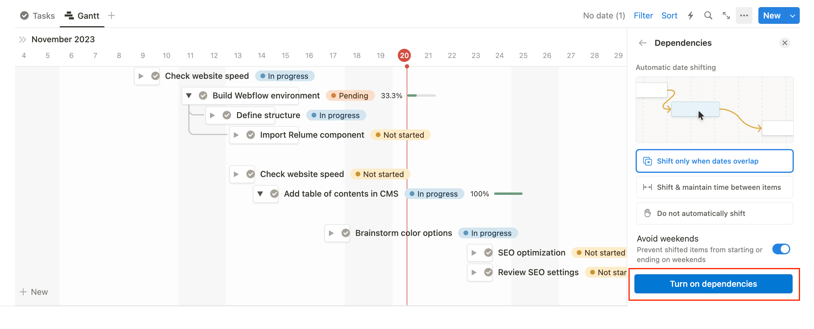 Dépendances Notion dans vue Gantt