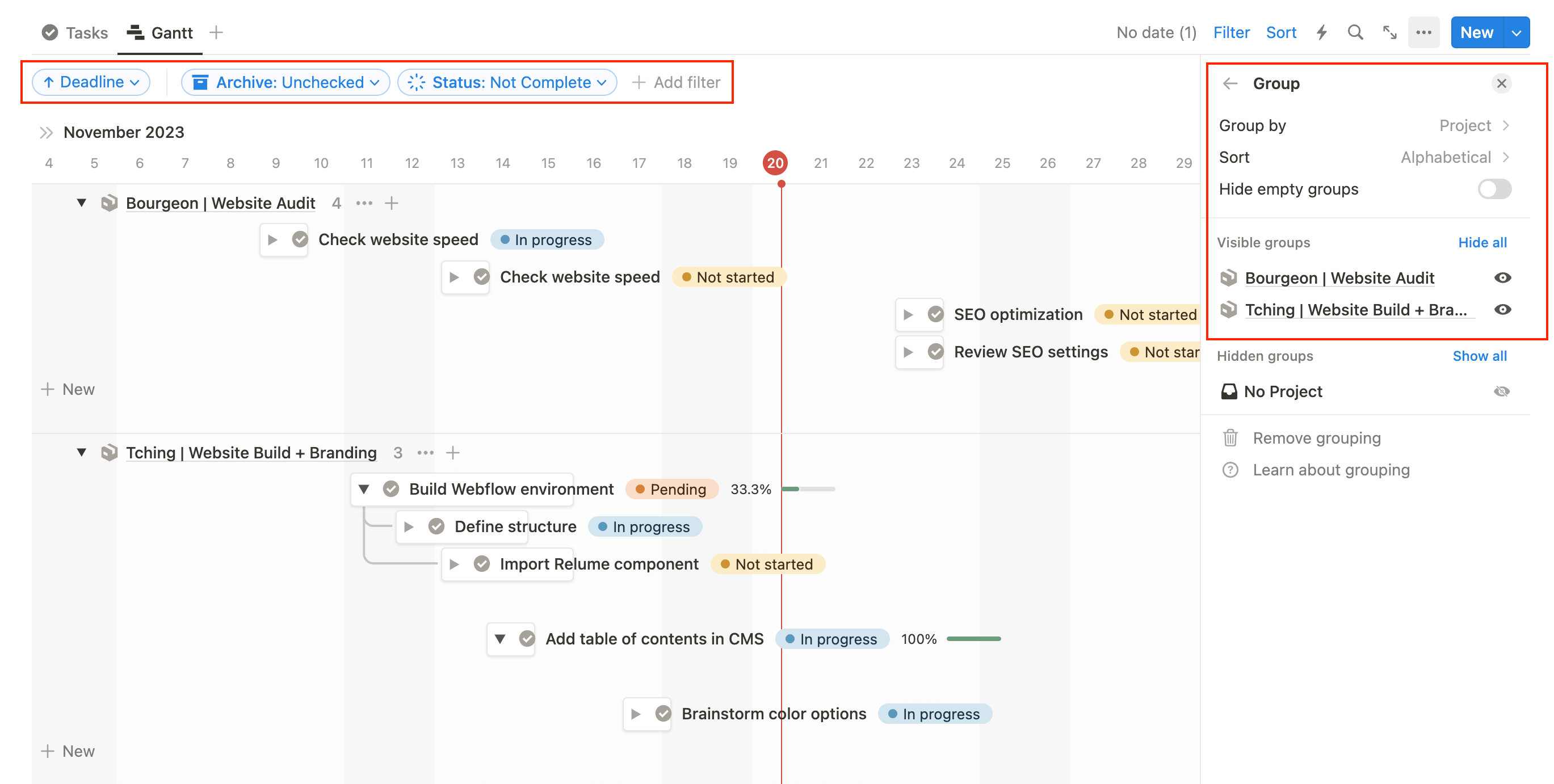 Group, filter, and sort your Gantt chart