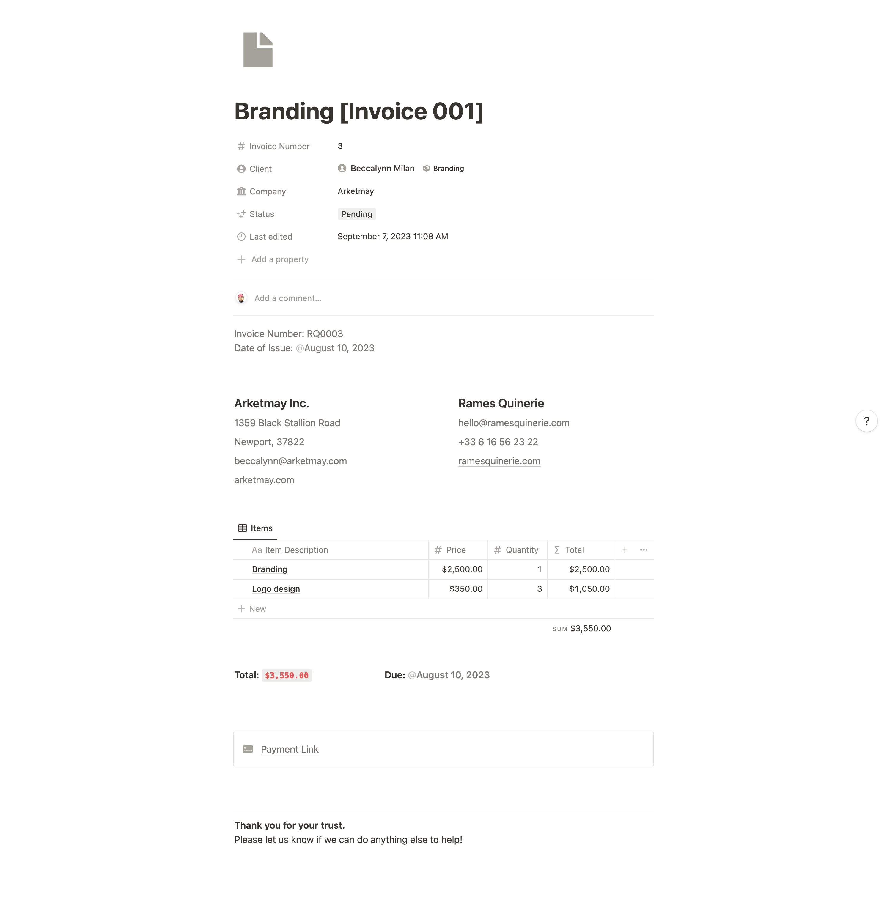 Notion Invoice template