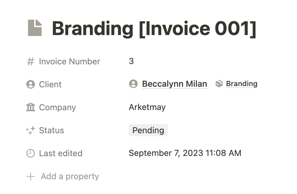 Notion Invoice template properties