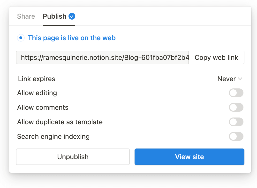 Notion page sharing settings