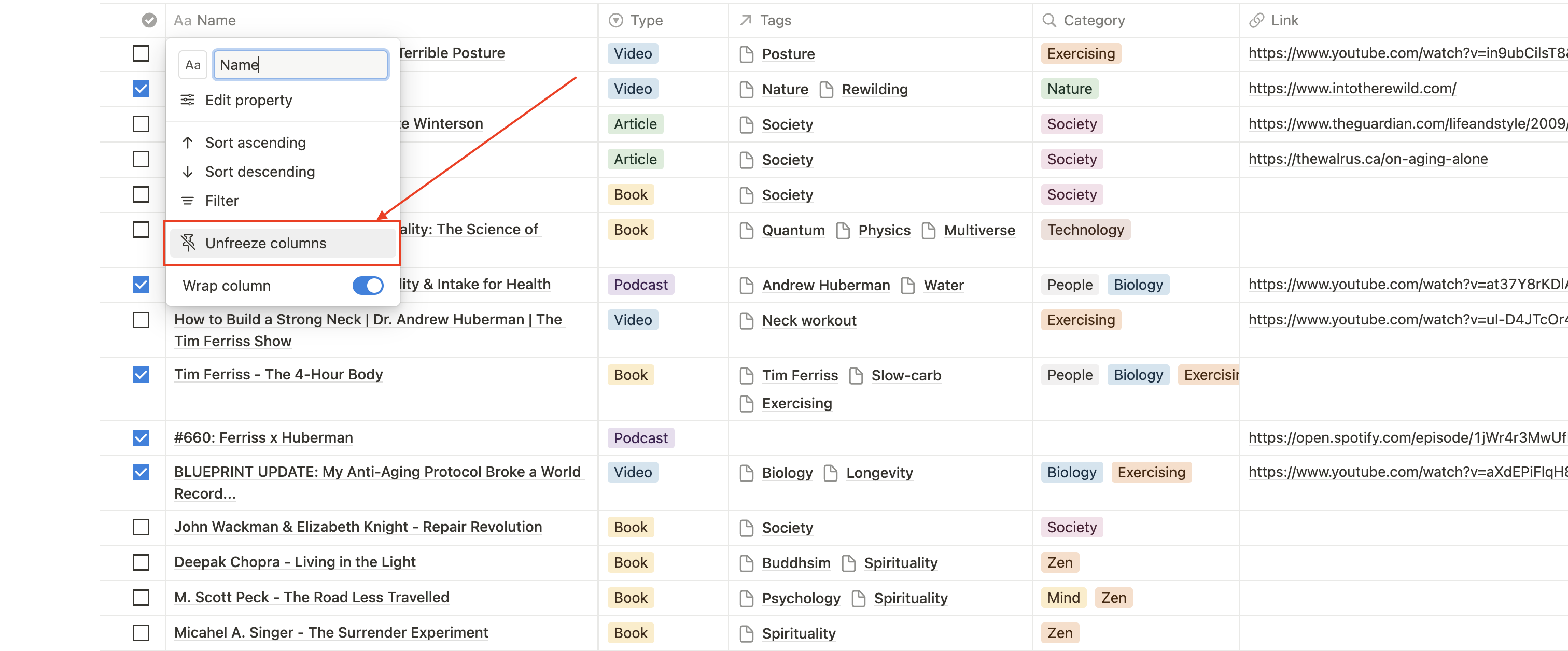 Notion Unfreeze Column