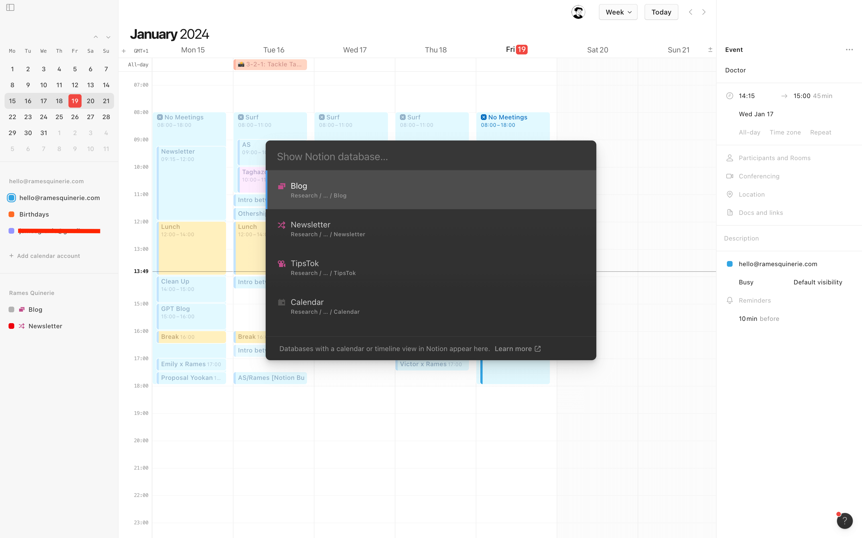 Bases de données Notion dans Notion Calendar