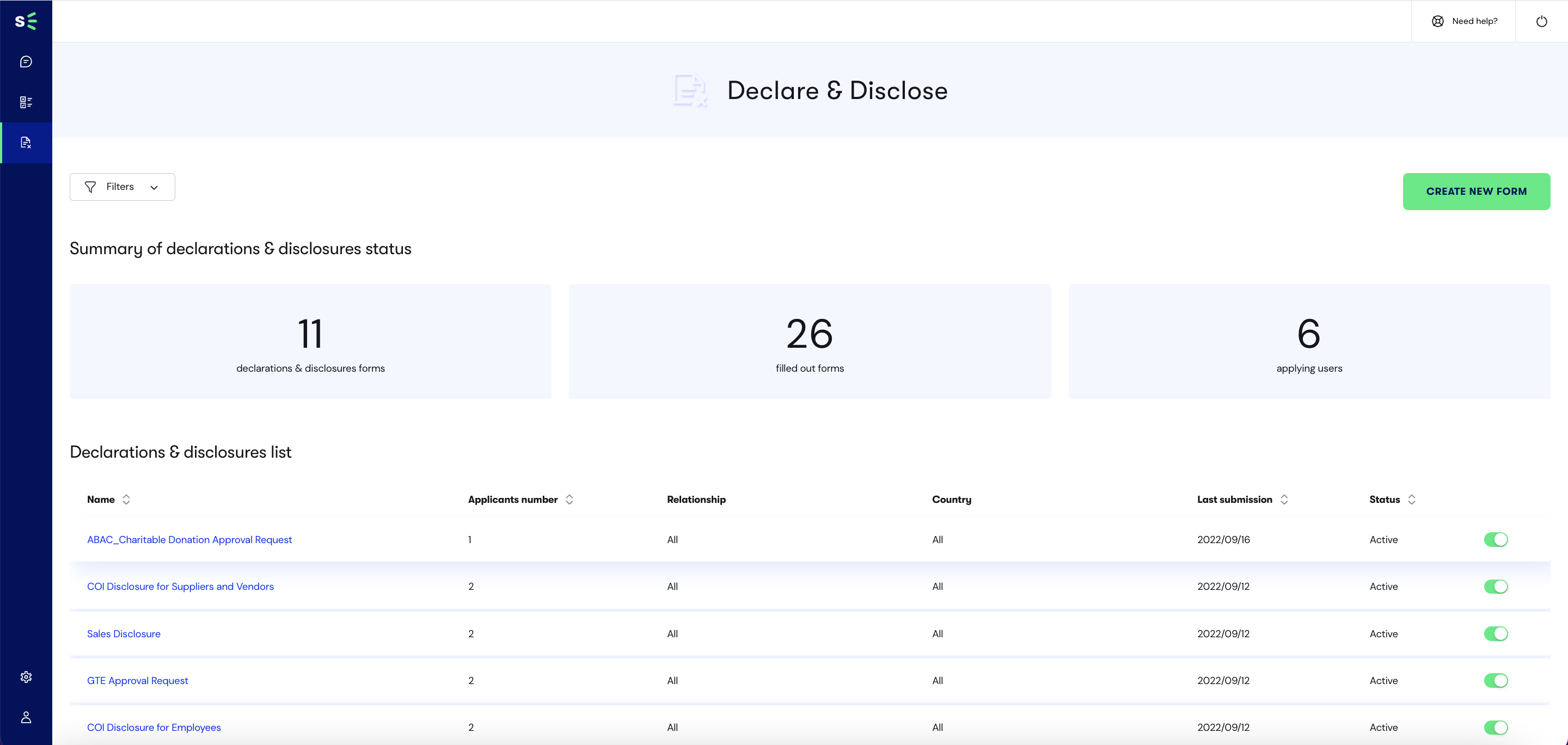 Declare & Disclose dashboard