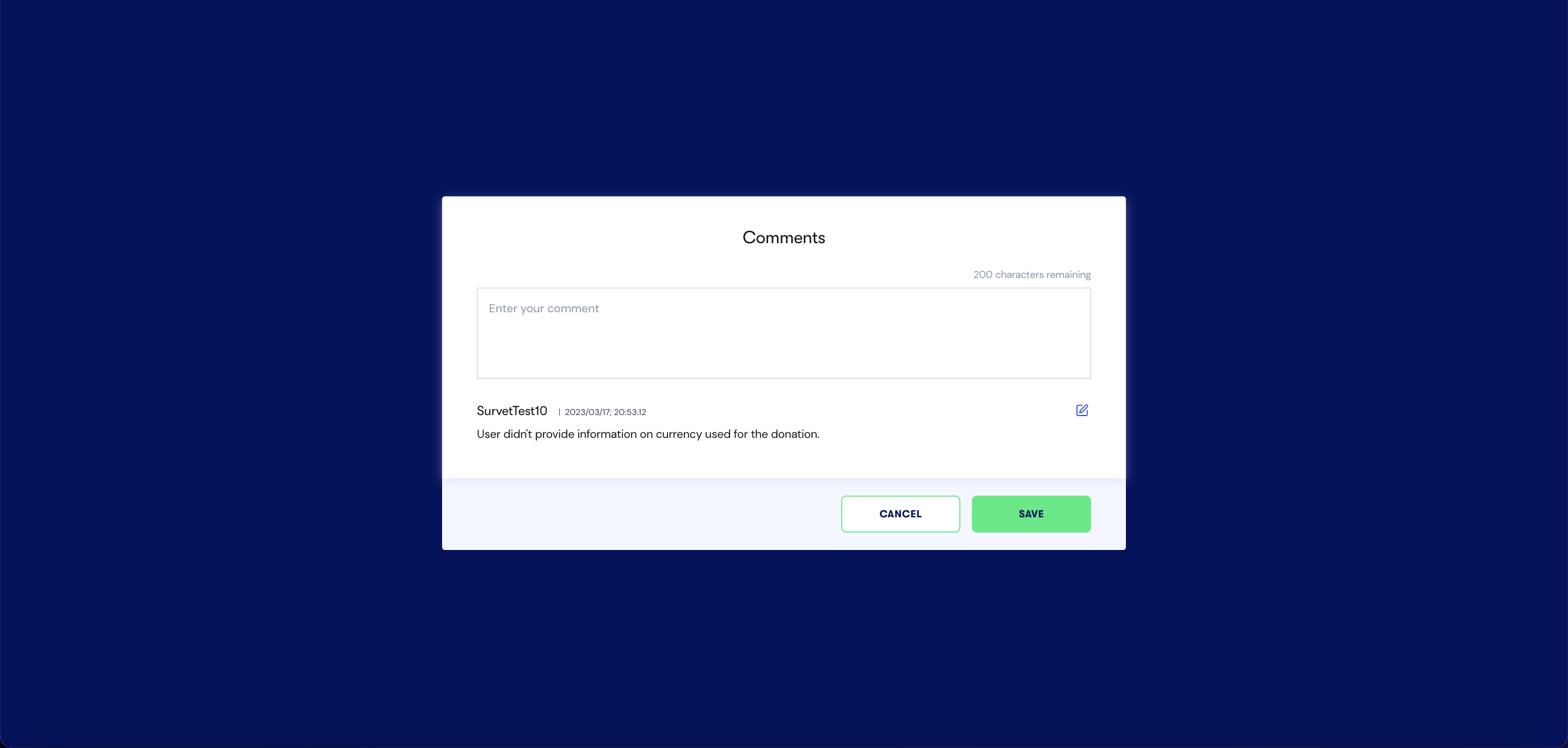 Comments modal in user's form submission in Declare & Disclose