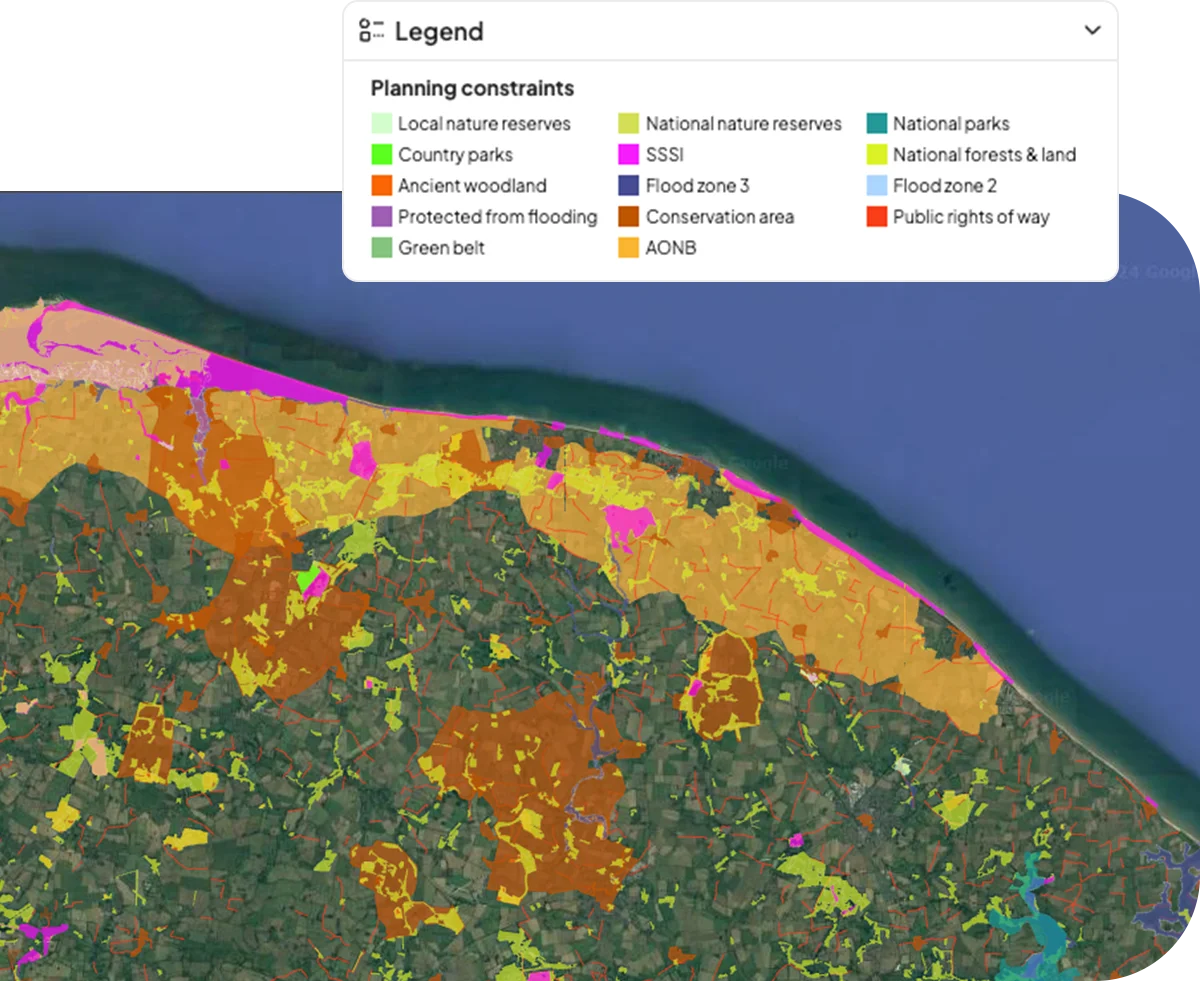 Map showing the various different types of planning constraints data found in Searchland