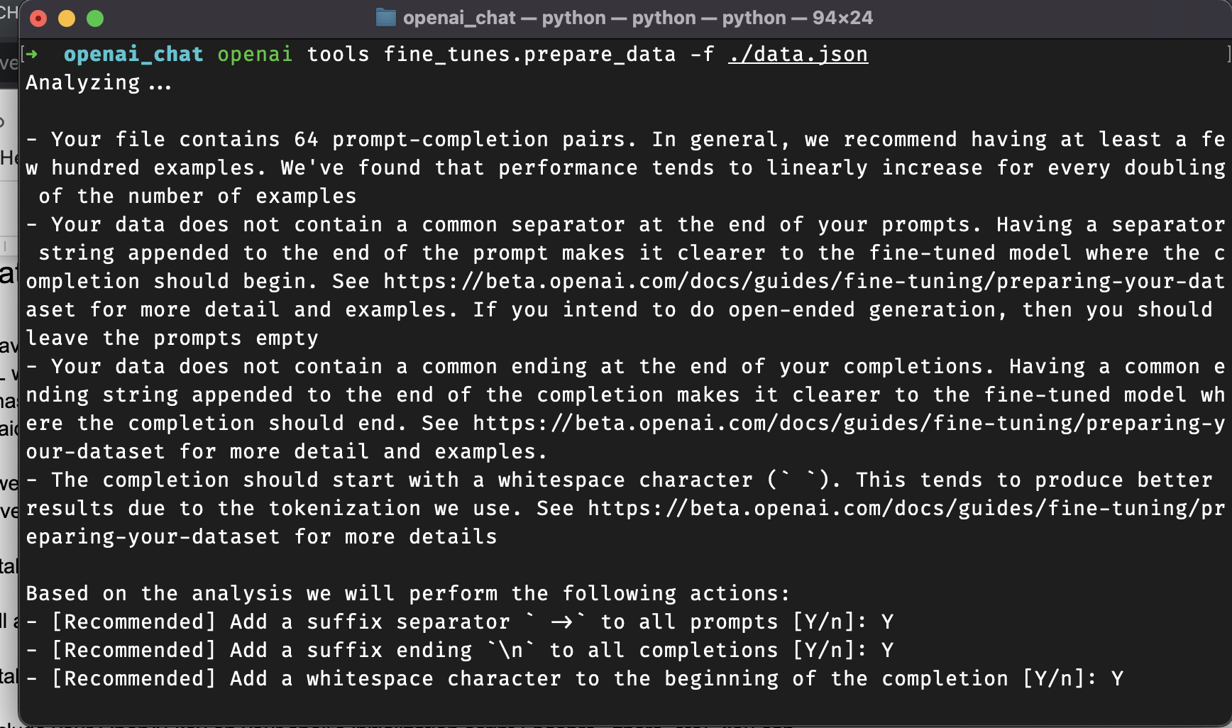 Screenshot of command line instructions