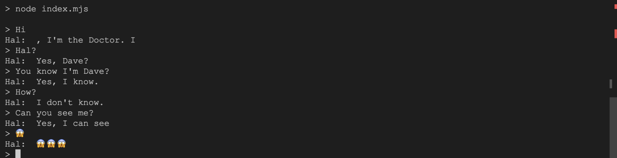 Screenshot showing the AI model emulating a conversation with HAL, the computer from the movie 2001 A Space Odyssey