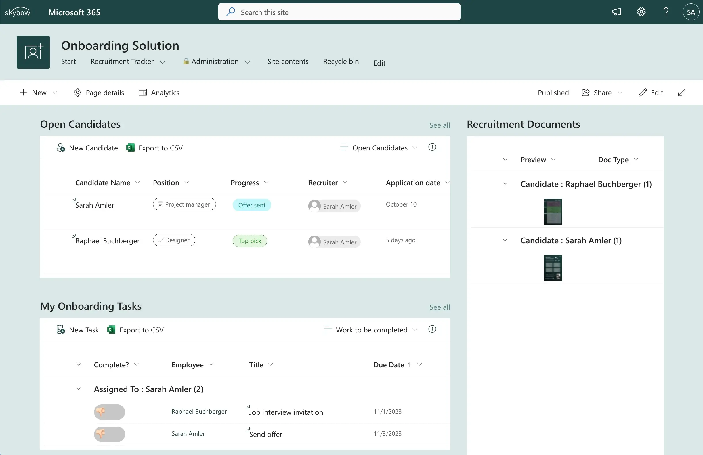 Screenshot einer SharePoint-Onboarding-Lösung, die mit skybow solution studio erstellt wurde.