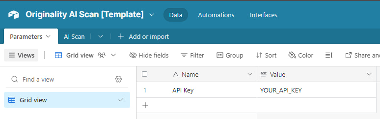 Originality.ai API Placement in Airtable Template