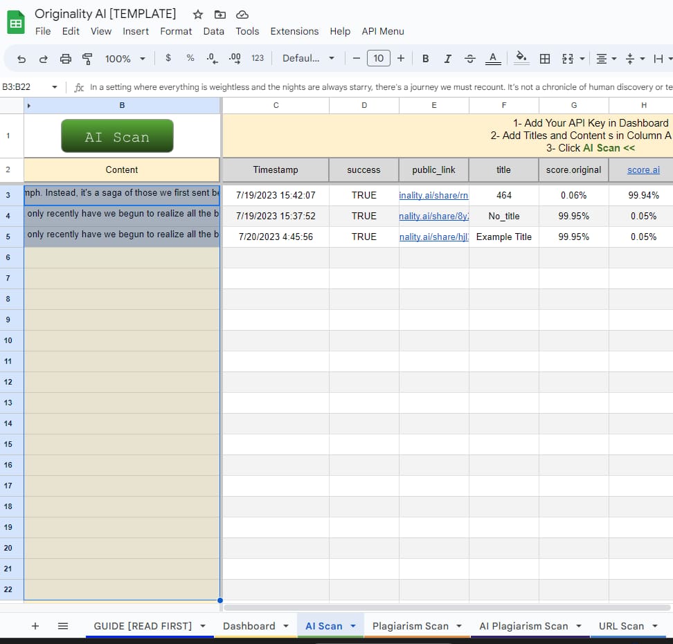 Originality.ai Ai Scan in Google Sheet Template