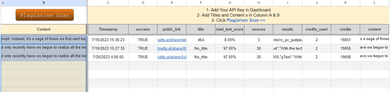 Originality.ai Plagiarism Scan in Google Sheet Template