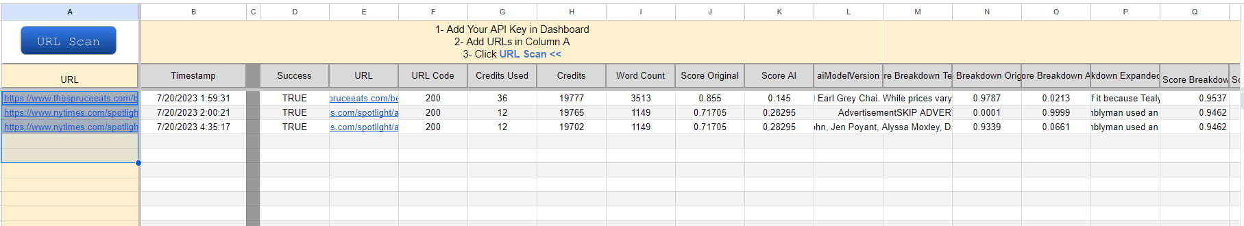 Originality.ai Url Scan in Google Sheet Template