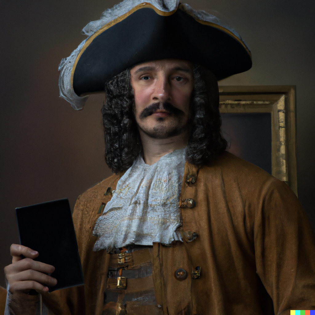 A portrait painting style image of a pirate holding an iPhone.
