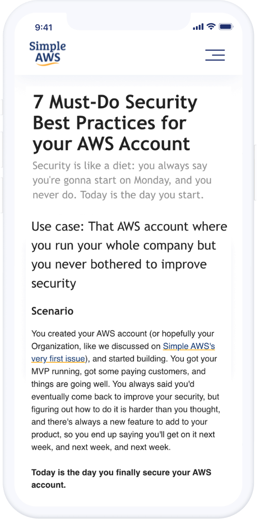 Screenshot of newsletter issue 7 Must-Do Security Best Practices for your AWS Account