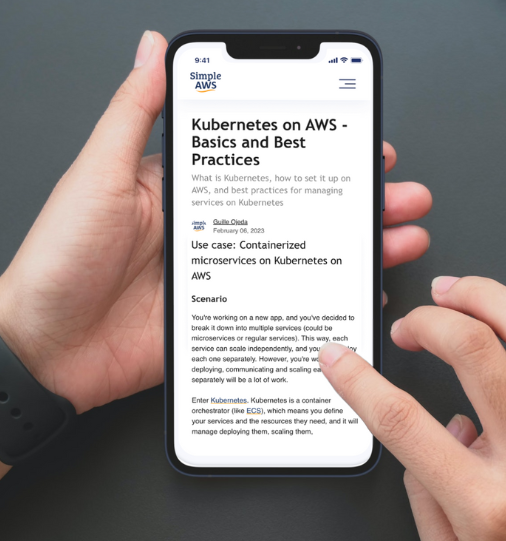 Picture of hands holding a phone displaying newsletter issue Kubernetes on AWS - Basics and Best Practices