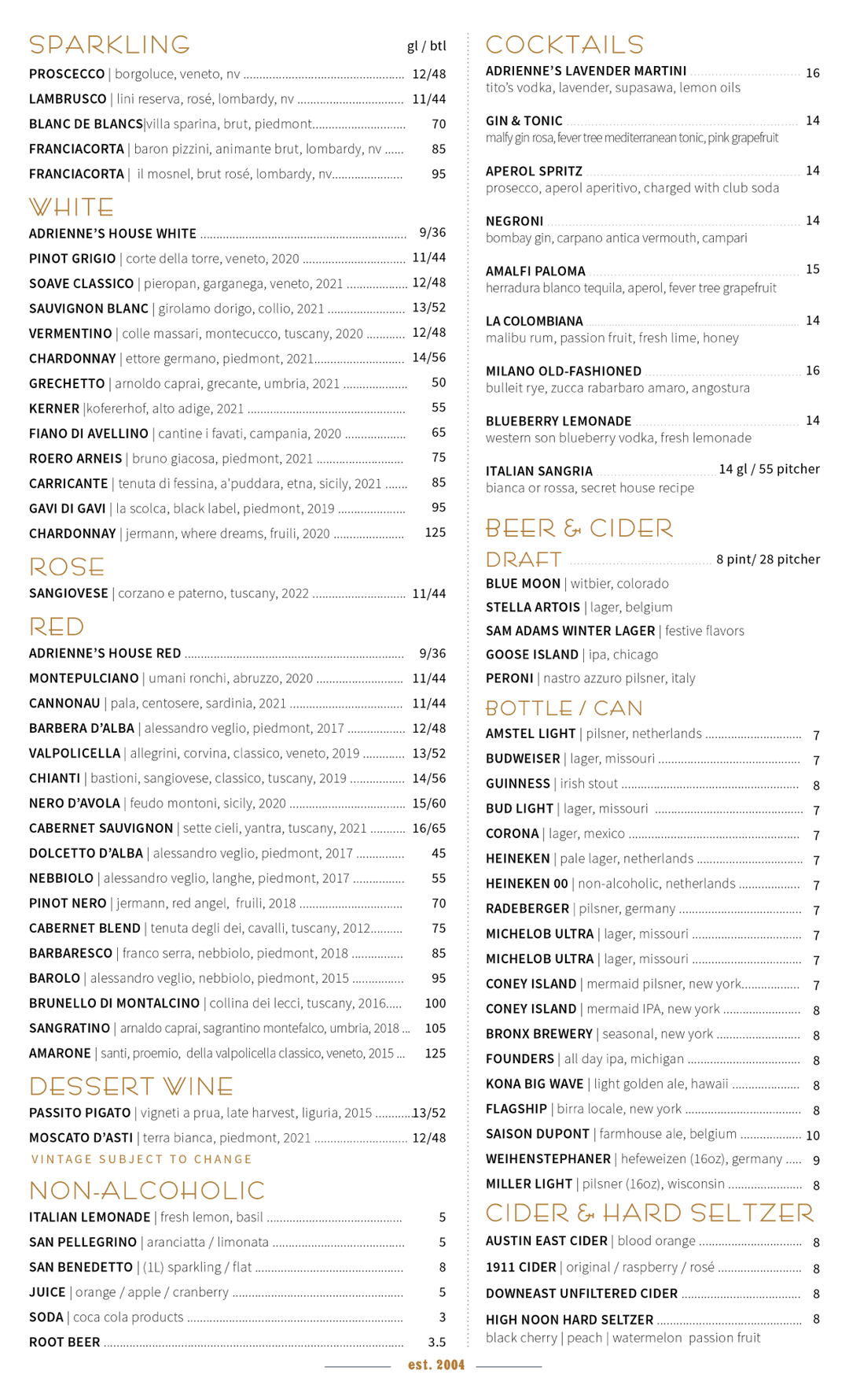 Yolk - West Palm Beach Menu New York City Menu | Adrienne's Pizzabar