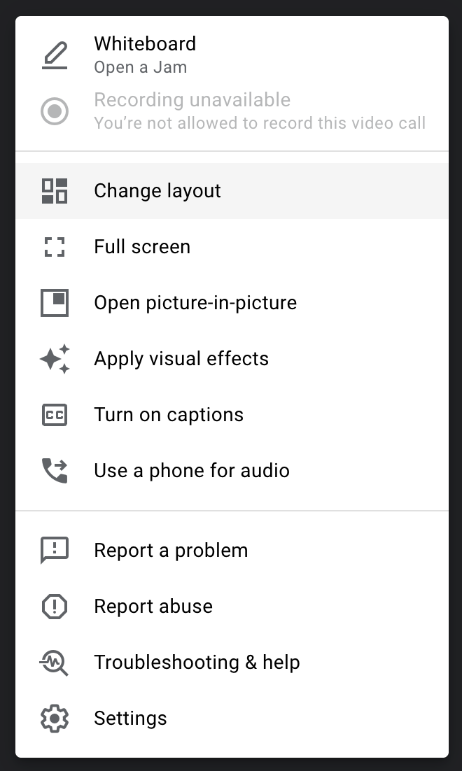 A screenshot of features accessible during an ongoing Google Meet.