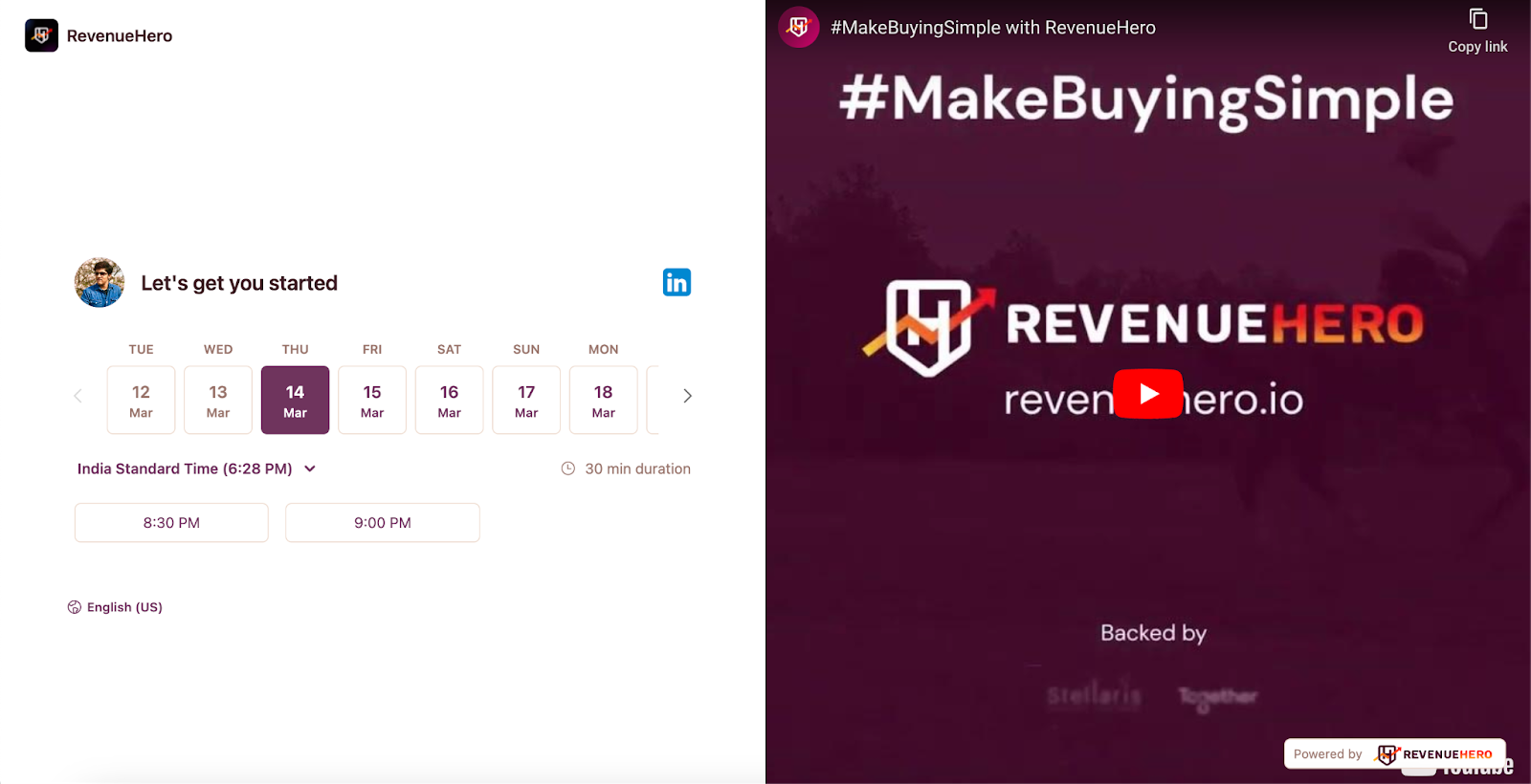 A screenshot of RevenueHero's personal meeting page with an embedded video.