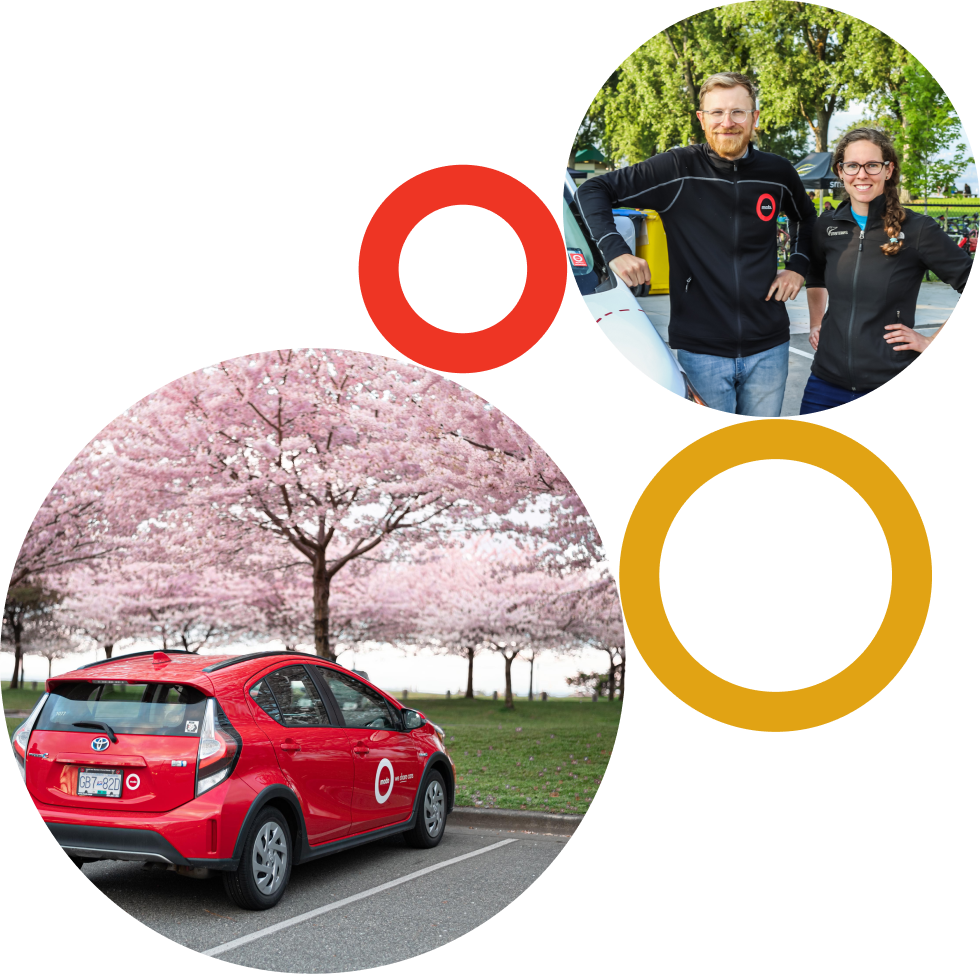 A photo of a couple people wearing Modo shirts and a photo of a Modo vehicle.